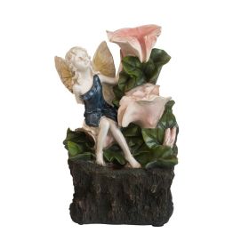 8.9x4.7x13.4" Decorative 3 Tier Tabletop Water Fountain with Fairy and LED Light, Angel Girl with Pink Flower Design, for Indoor Tabletop and Out